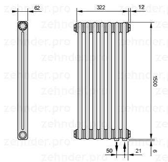 Схема (чертеж) Радиатор Zehnder Charleston 2150/7 №5510 Белый глянцевый RAL 9016